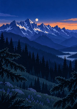 A pale moon above a blue alpine range, with dark fir-covered slopes, foreground branches and an apricot sunset strip.