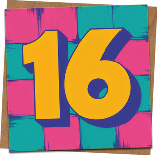 16th Birthday Card – Bold Number 16 Square Greeting, Retro Neon Design, 145mm x 145mm, Kraft Envelope Included, Funny Teen Celebration for Son Daughter Boy Girl Friend