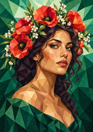 Faceted portrait of a dark-haired woman wearing a crown of red poppies and small white blossoms against green geometric foliage.