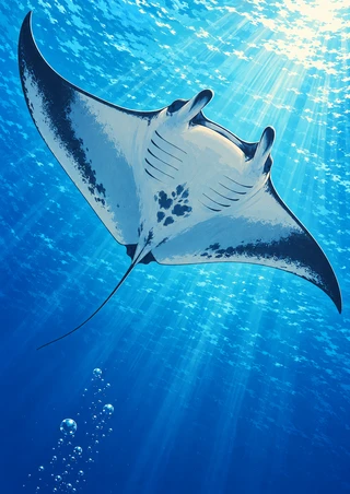 A manta ray seen from below glides diagonally through bright blue water, with sunbeams at upper right and bubbles rising at lower left.