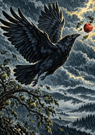 Spread-wing black raven flying toward a red apple above a branch with green apples, amid diagonal rain and storm clouds.