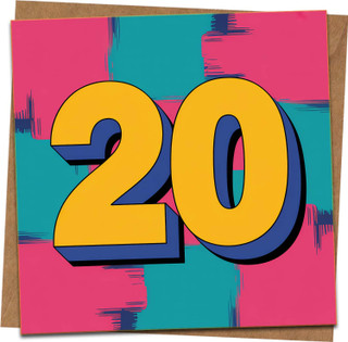 20th Birthday Card, Bold Pop Art Design, 145 x 145 mm Square Greeting Card with Kraft Envelope, Milestone 20 Years Celebration for Him or Her