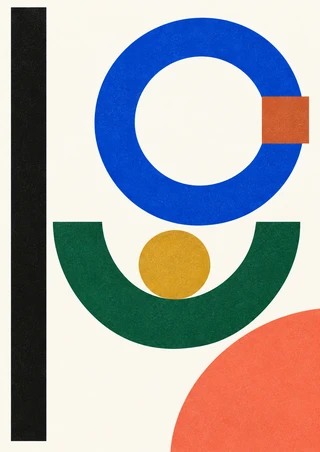 Flat geometric poster with a cobalt ring crossed by a terracotta square, a green arc and gold circle, a black bar, and a coral lower-right shape.