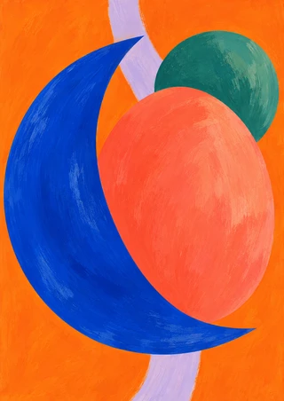 Cobalt crescent and coral oval overlap in front of a smaller jade form, with a pale lilac stripe on a bright orange background.