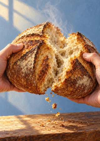 Two hands tear open a steaming, browned sourdough loaf above a wooden board against a pale blue background.