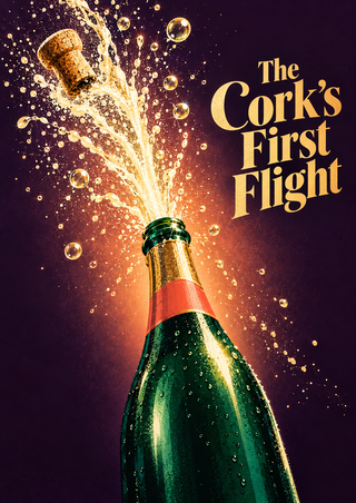 A dark green sparkling-drink bottle releases its cork into a sweeping arc of gold spray, droplets, and bubbles against a plum background.