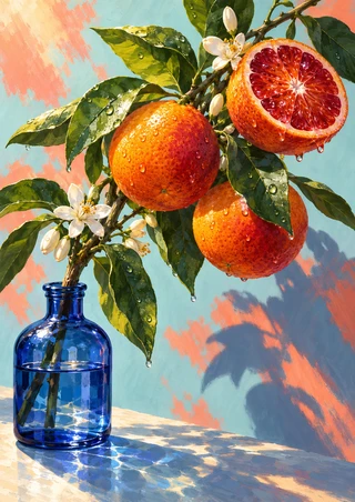 Citrus branch with whole oranges and one cut ruby-red orange, white blossoms, water droplets, and a cobalt-blue bottle.