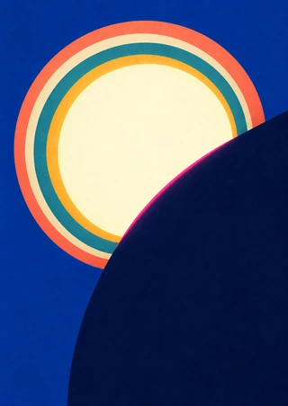 Abstract cream-centered disc with concentric coral, teal, and amber bands partly covered by a curved indigo shadow on ultramarine.