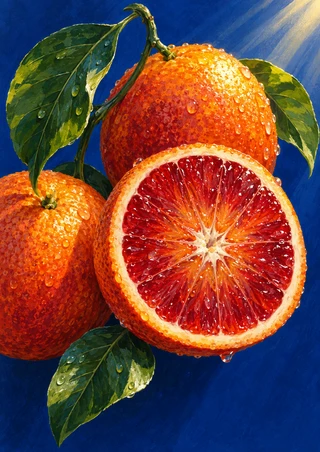 Cut blood orange with ruby segments among two whole oranges and glossy leaves, dotted with water against a cobalt-blue background.