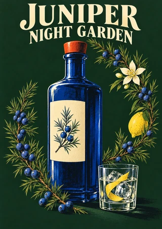 Cobalt bottle with a juniper-sprig label framed by juniper branches and berries, with lemon and an ice-filled tumbler beneath the title.