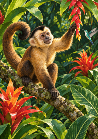 A golden-brown capuchin reaches toward a red-orange bromeliad flower from a mossy branch, with a turquoise hummingbird nearby.