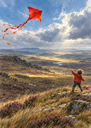 Small child in a red jacket flies a scarlet kite above a grassy moor ridge beneath sunlit clouds.