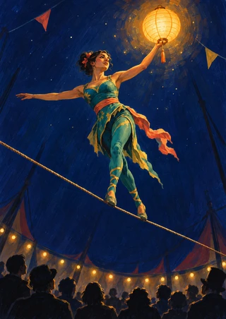Teal-costumed aerialist balances on a diagonal rope, holding a glowing lantern above audience silhouettes in a dark circus setting.