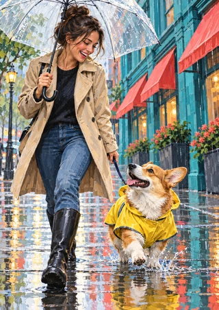 A woman walks beneath a clear umbrella beside a corgi in a yellow raincoat on a reflective city street.