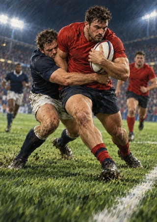 Red-shirted rugby ball carrier holds the oval ball as a navy-clad defender tackles him on a stadium pitch.