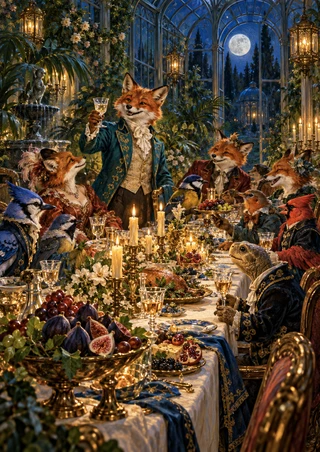 A teal-clad fox raises a goblet among dressed foxes, songbirds, and a tortoise at a candlelit banquet in a moonlit conservatory.
