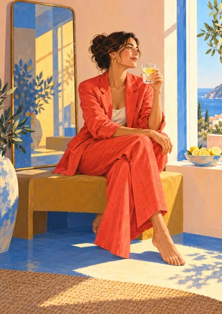 Adult woman in a coral-red suit sits on an ochre bench with citrus water beside a lemon bowl, mirror, and bright window.