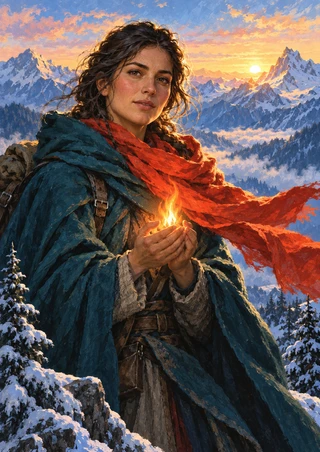 A woman in a teal cloak and red-orange scarf cups a small flame before snowy alpine peaks at sunrise.