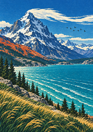 A snow-streaked alpine peak above a turquoise lake, with pine slopes, foreground grasses, birds, and a long cloud trailing to the right.