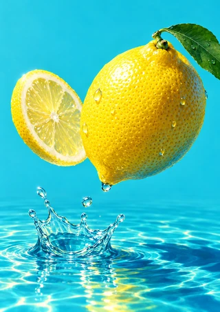 Glossy whole lemon with a green leaf and one slice above a crown-shaped splash in turquoise water.