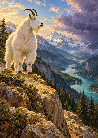 White curved-horned mountain goat on an ochre rock ledge above a forested valley and turquoise river, with distant snowy peaks.