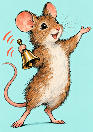 Upright brown field mouse holding a brass handbell and raising one paw against a pale aqua background with coral sound marks.