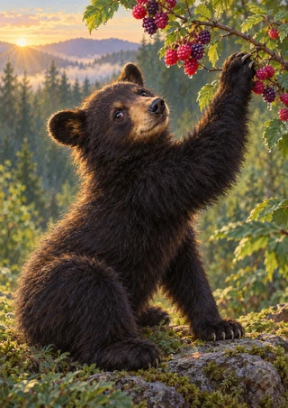 Young dark-furred bear seated among rocks and reaching toward red and purple berries on a leafy branch at sunrise.