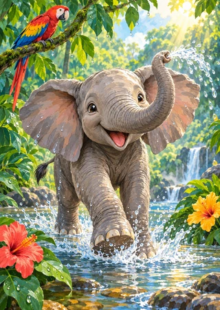 A smiling young elephant splashes through water with its trunk raised beneath a scarlet macaw perched on a branch, surrounded by flowers and jungle foliage.