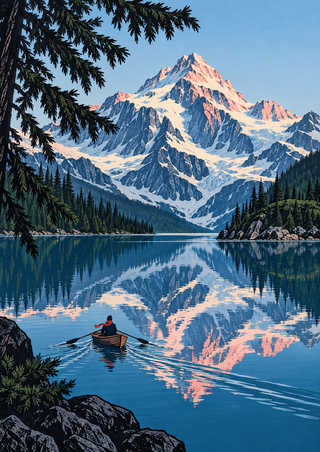 A lone rower in a wooden boat crosses a lake reflecting a snow-covered alpine peak, framed by dark pines.