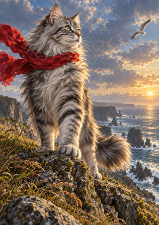 A long-haired silver tabby cat in a flowing red scarf stands on a rocky coastal lookout above the ocean as a seabird flies in the distance.