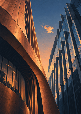 Upward view of a curved copper-colored tower and a stepped glass-like building framing a peach-lit sky and small cloud.