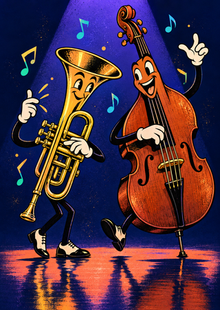 Cartoon gold trumpet and copper-brown upright bass with faces and limbs performing under a violet spotlight.