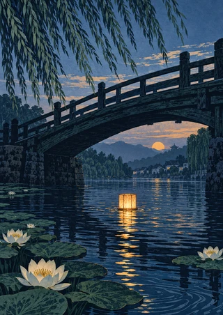Amber paper lantern beneath a wooden arched canal bridge at twilight, reflected in rippled water with lilies and willow branches.