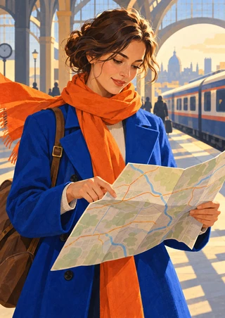 Woman in a cobalt coat and orange scarf tracing a route on a folded map at a sunlit station, with arches and a train behind her.
