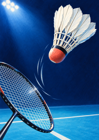 White shuttlecock with a coral-red cork above a diagonally raised racket on a blue badminton court under bright lights.