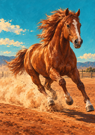 Riderless chestnut horse galloping through dust in an arena beneath a turquoise sky.
