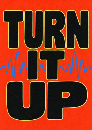 Black rounded capitals reading TURN IT UP, outlined in pale yellow, with a blue waveform on a vermilion background.