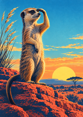 An upright meerkat shades its eyes while looking across a desert horizon from a red sandstone ledge beneath a blue and gold sky.