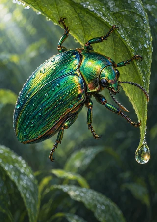 Glossy iridescent green beetle clinging to a wet leaf, with a clear droplet hanging below against blurred forest-green foliage.