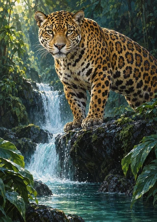 A rosetted jaguar faces the viewer from a dark rock ledge above a rainforest waterfall and pool, framed by green foliage.