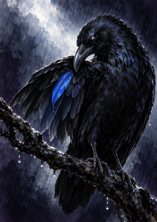 Glossy dark raven bending toward a cobalt-blue feather among its wing feathers, perched on a wet branch with droplets in cool light.