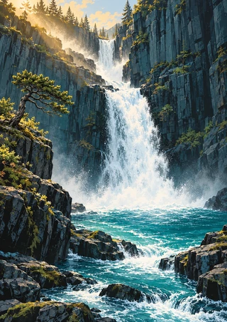 A two-stage waterfall plunges between dark gorge walls into a turquoise pool, with a small pine on the left cliff and rapids below.