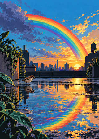 A vivid rainbow arcs above a rooftop city at sunset and reflects in a broad wet surface, with planters and a small bird nearby.