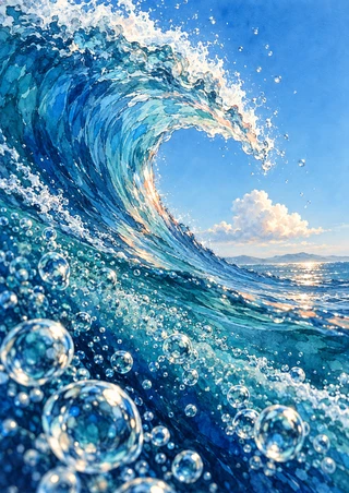 A cobalt-blue wave curls around a bright opening of sky, with reflective bubbles, white spray, and a distant horizon.