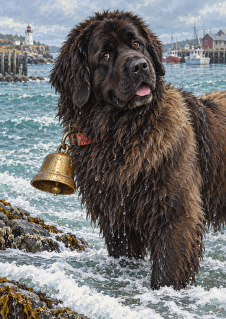 A dark-coated Newfoundland-type dog stands in shallow surf beside a brass bell, with boats, harbor buildings, and a lighthouse behind it.