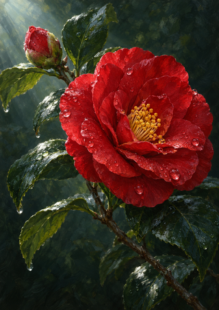 Open crimson camellia with a golden center, red bud, and rain-covered leaves against a dark green background.