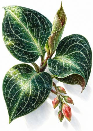 Close botanical arrangement of dark green, pale-veined leaves with a central unfurling leaf and coral-pink buds on white.