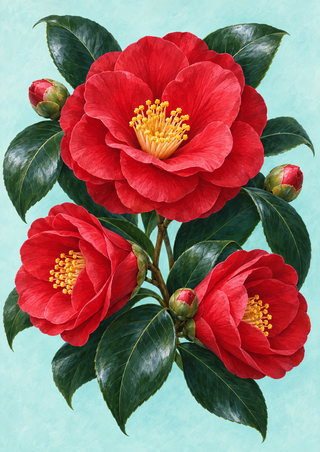 Three red camellia-like flowers with yellow stamens among glossy dark green leaves and buds on a pale aqua background.