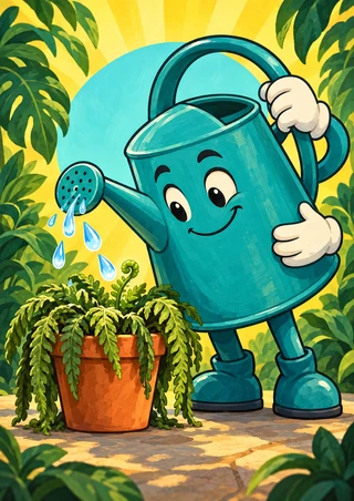 Smiling teal watering-can character watering a drooping fern in a terracotta pot against a yellow-and-aqua sunburst.