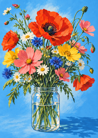 Colorful bouquet led by a large red poppy, arranged in a clear glass jar with visible stems and water against blue.